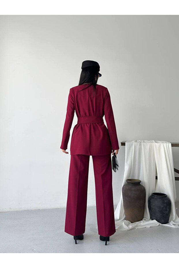 Kadın Kemerli Blazer Pantolon İkili Takım Bordo - 8