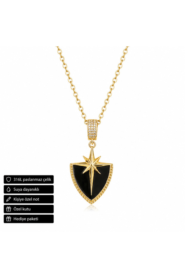 Gold Color Star Shield Pendant with Black Detail Stainless Steel Unisex