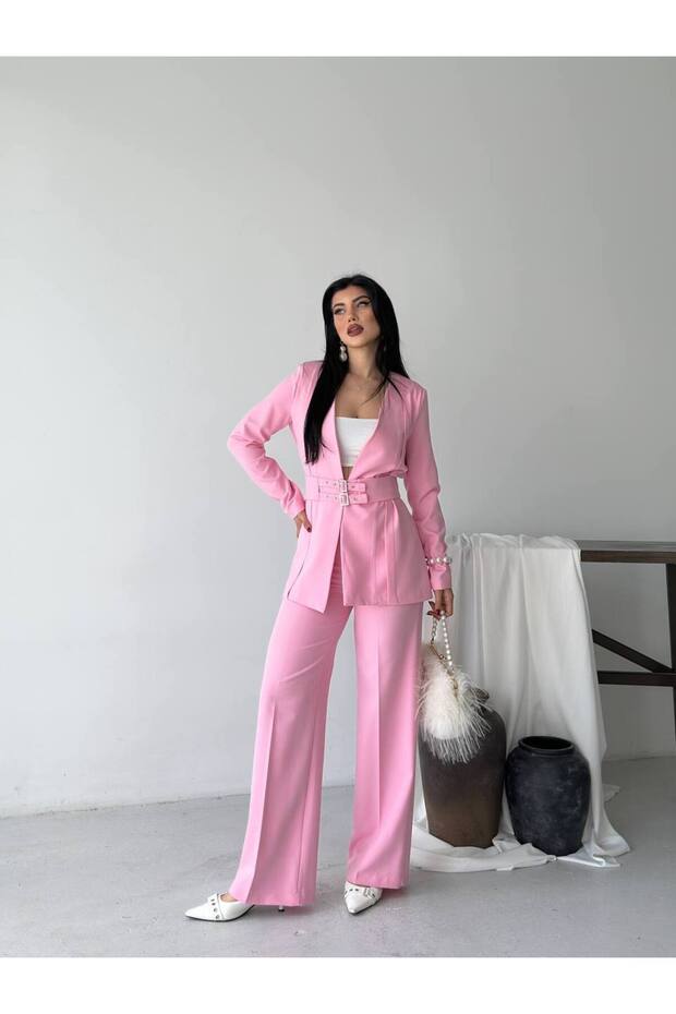 Kadın Kemerli Blazer Pantolon İkili Takım Pembe - 6