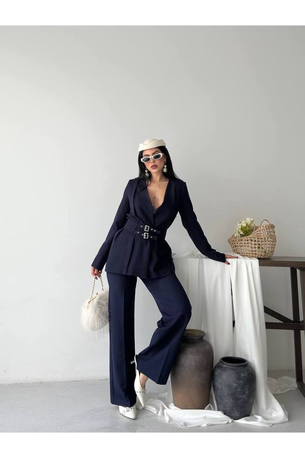 Women's Belted Blazer Pants Double Suit