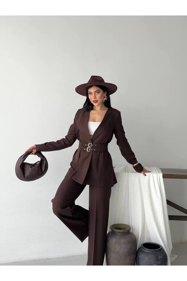 Premium Fit Kemerli Blazer Pantolon İkili Takım - 1