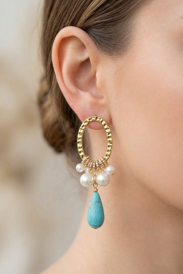 Uval Turquoise Stone Pearl Cluster Earrings 8 Cm.