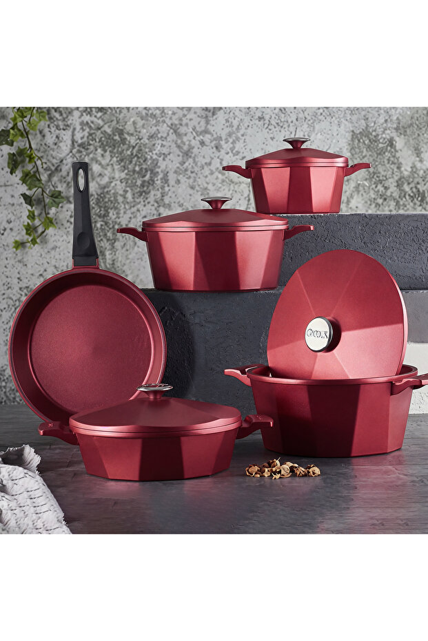 3527 Dodeca 9 Pcs Set Red, Oven Safe, Non Stick Casserole Or Pot With fry Pan