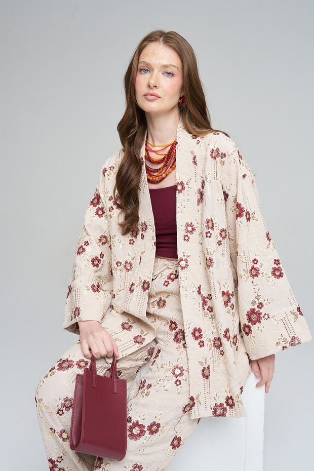 Women's Ethnic Floral Embroidered and Sequin Embellished Kimono