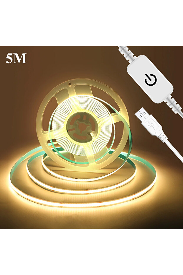 5m Warm White USB 5V LED Strip Light COB Touch Dimmer Control Lamp High Density RA90 Flexible Tape L