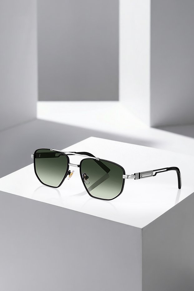 Uv400 Protection Metal Frame Men Sunglasses Black Silver Green Color Plg-2118C4