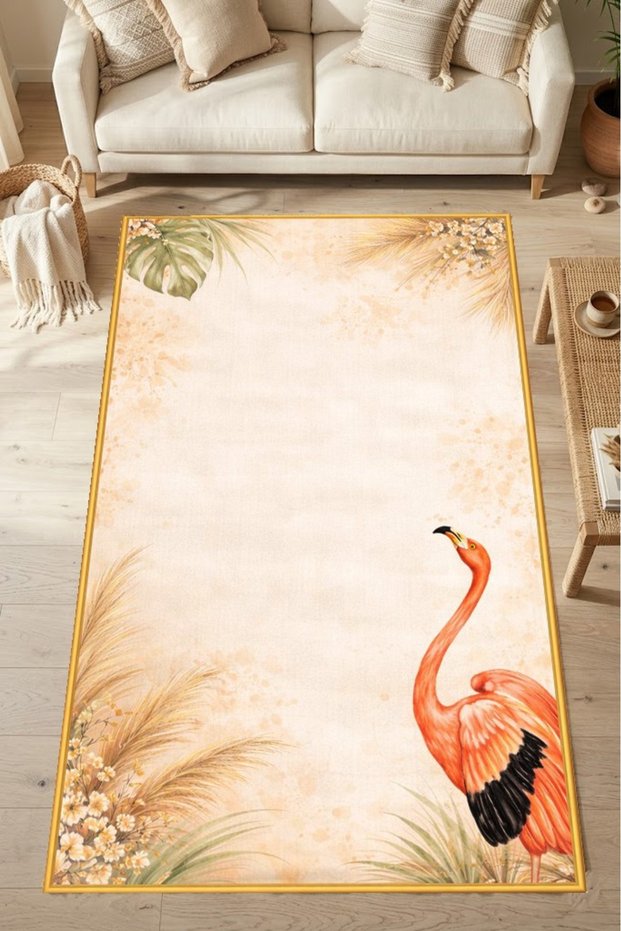 Sdt Flamingo Bird Patterned Floral Border Beige Modern Woven Base Decorative Carpet Sdt841