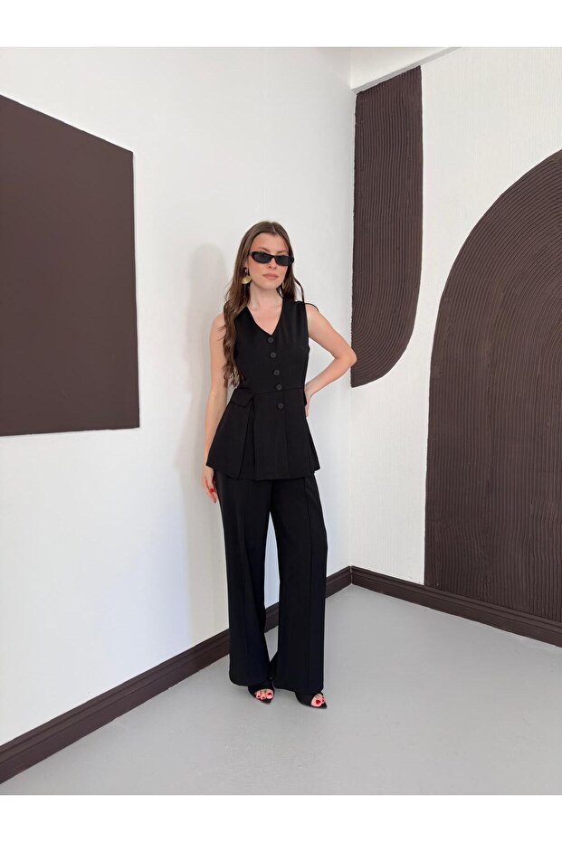 Women's Top and Bottom Set V-Neck Buttoned Vest and Wide-Leg Pants Two-Piece Set