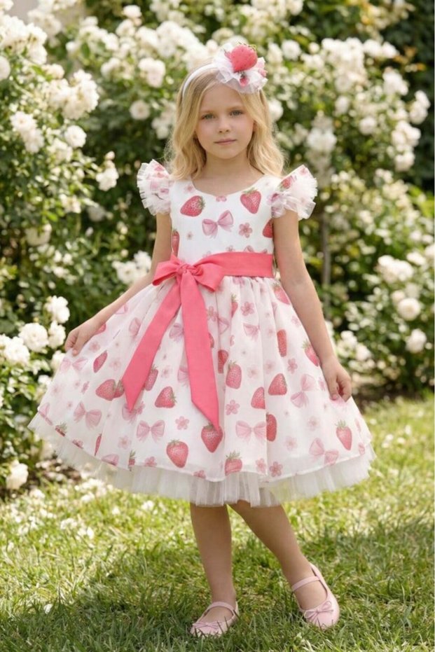 Strawberry Patterned Girl's Evening Dress Tulle Celebration Dress and Bandana Set 3-4-5-6-7 Years 36126Pr