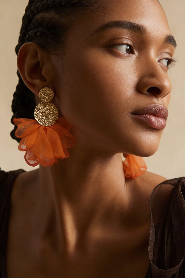 Women's Orange Tulle Detailed Gold Earrings