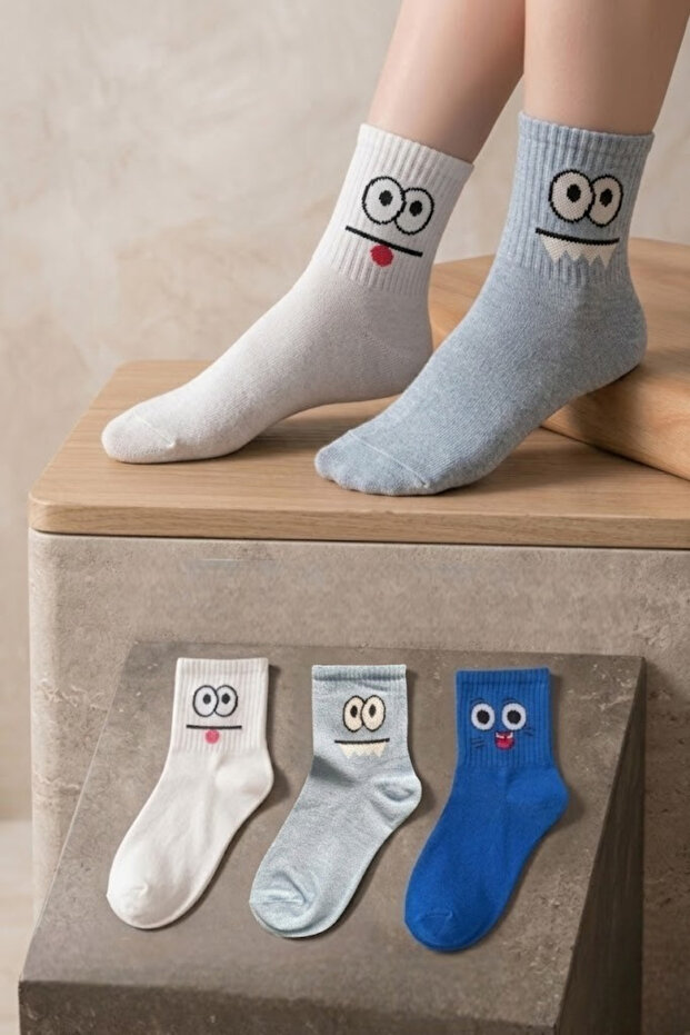3 Pairs of Emoji Patterned Unisex Colorful Socks Cotton Soft Textured College Socks