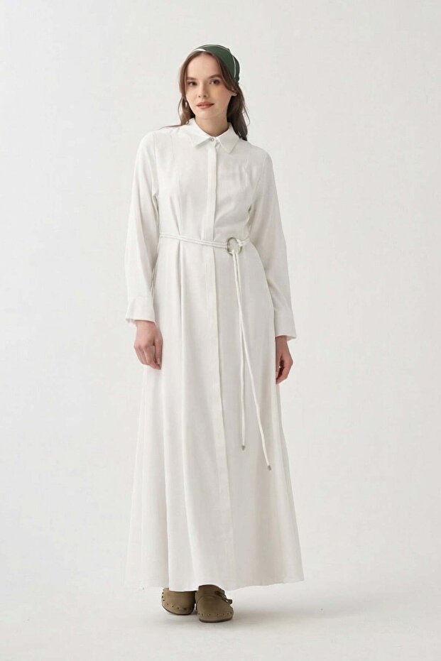 White Dress with Belt Detail