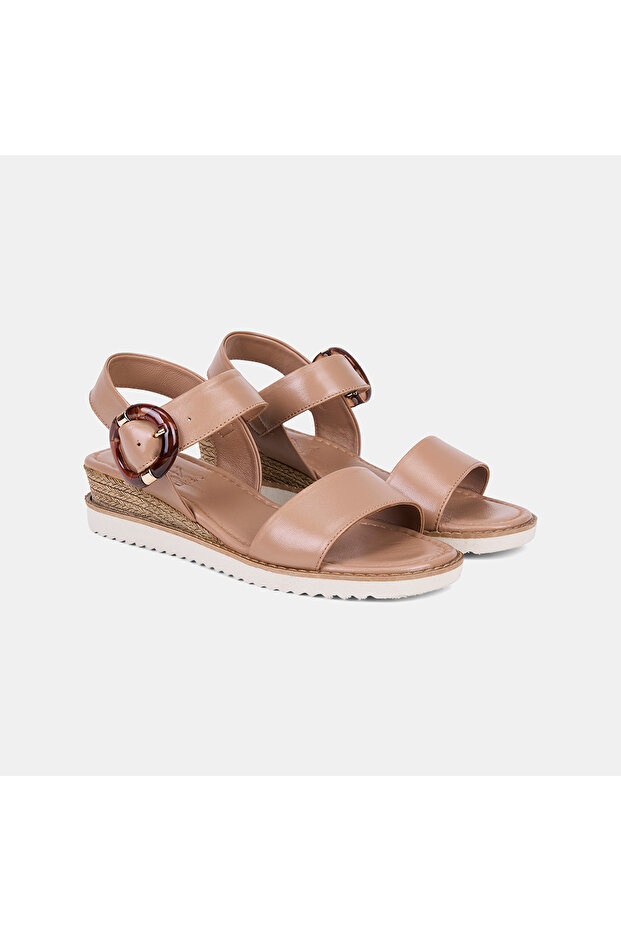 Women's Leather Sandals with Skin-Bone Buckle and Wedge Heel
