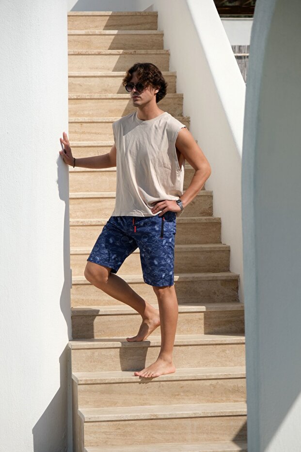 Quick-Drying Patterned Bermuda Swim Shorts with Pockets-26503
