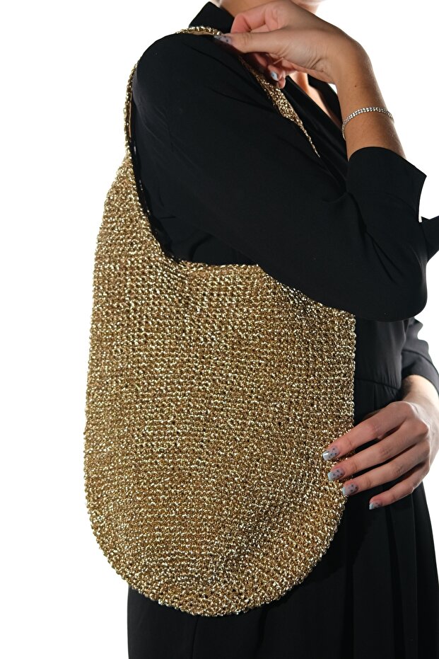 Azel Gold Glitter Knitted Women's Shoulder Bag
