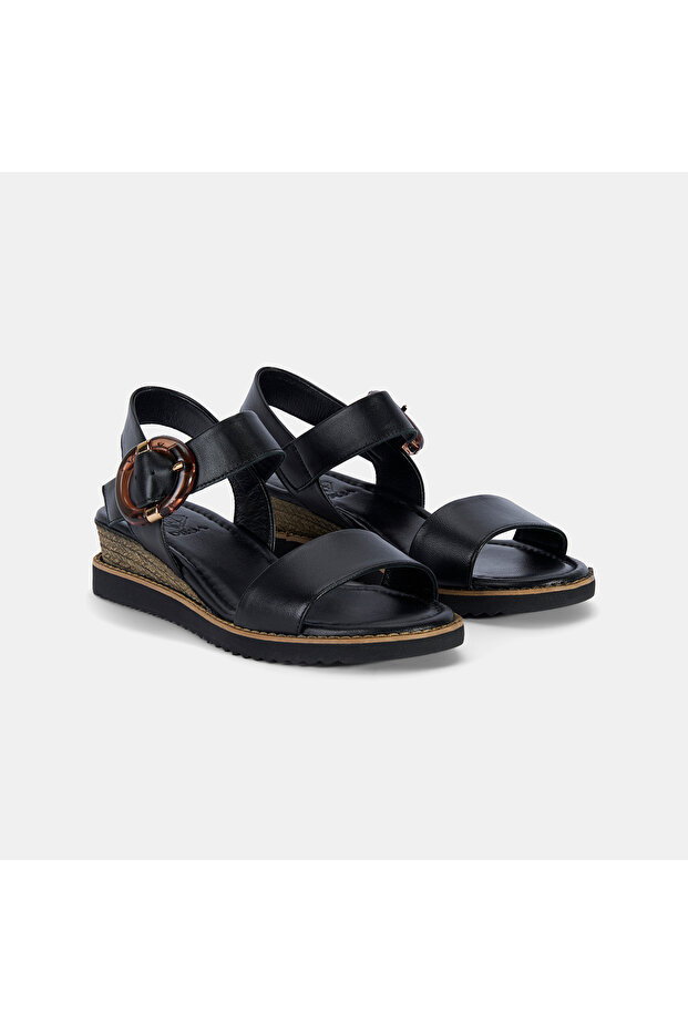 Women's Black Bone Buckle Wedge Heeled Leather Sandals