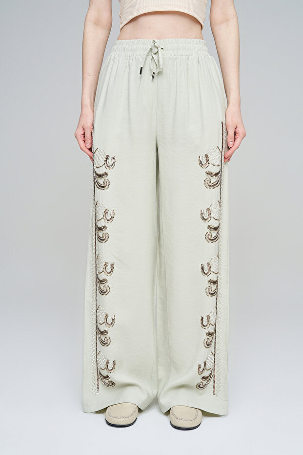 Women's Pastel Color Embroidered Draped Trousers