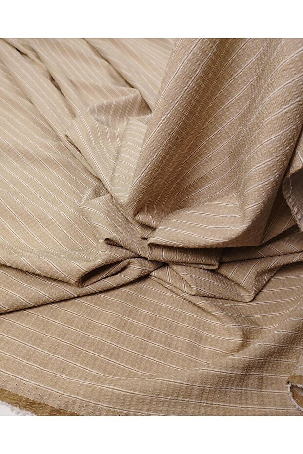 Beige Brown Striped Cotton Woven Fabric with Solid Body and Firm Structure for Shirts & Dresses 140X190Cm