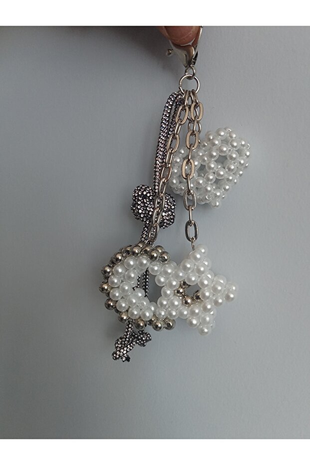 Three-Dimensional Moon-Star-Heart Bag Charm with Pearl Beads, Car Ornament, Keychain