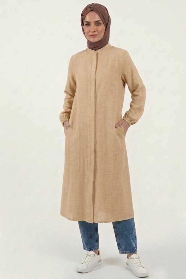 Beige 100% Cotton Muslin Fabric Zippered Long Hijab Women's Tunic - Compatible for Hajj, Umrah and Daily Use