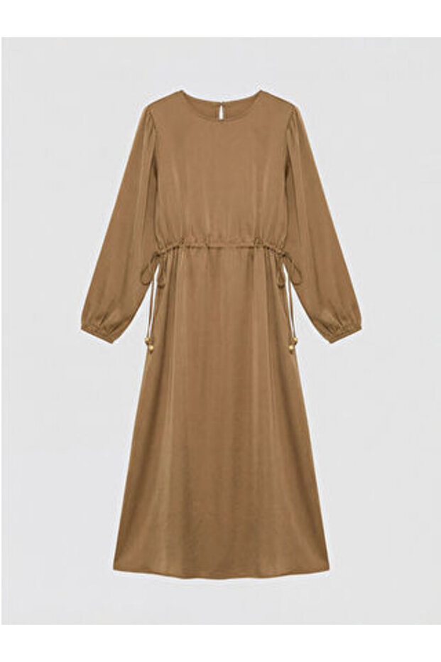 Beige Crew Neck Waist-Slit Dress