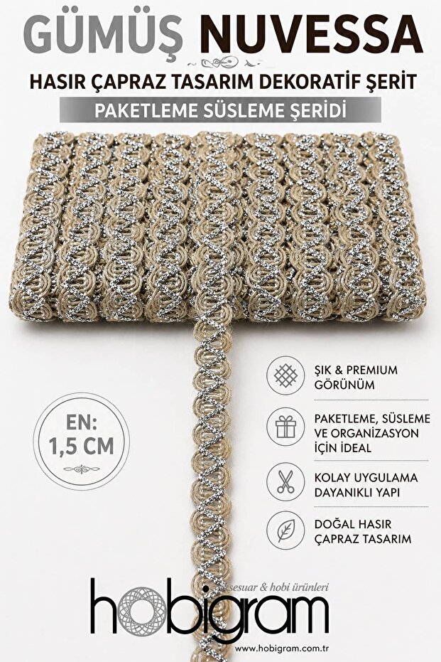 Silver Nuvessa Wicker Cross Design Decorative Ribbon 5 Meters Packaging Decoration Ribbon
