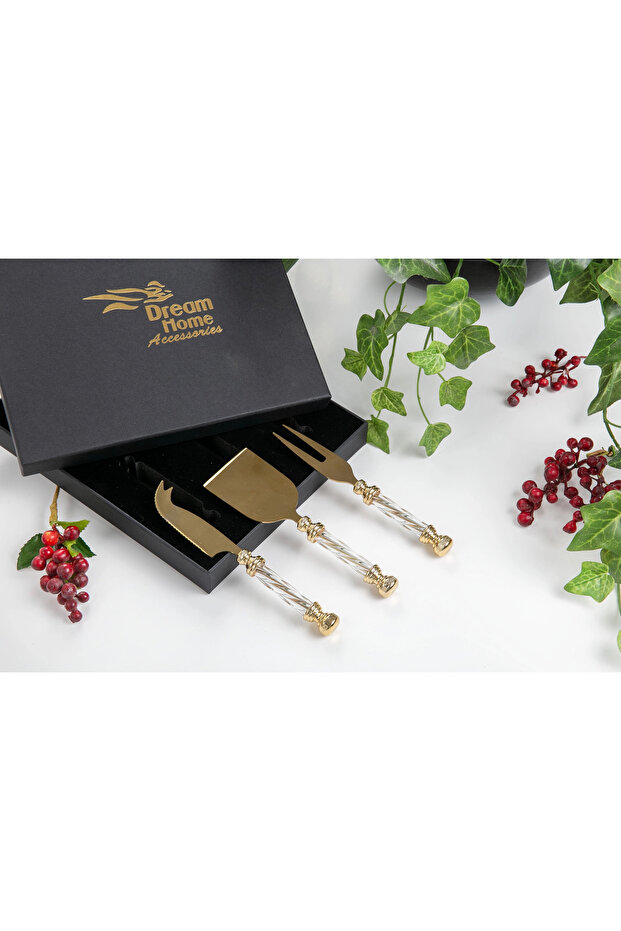 Crystal handle titanium coated 3 piece cheese set