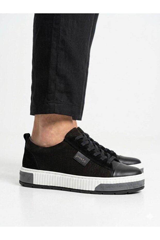 Men's Black Orthopedic Sole Genuine Leather Sneaker Shoes