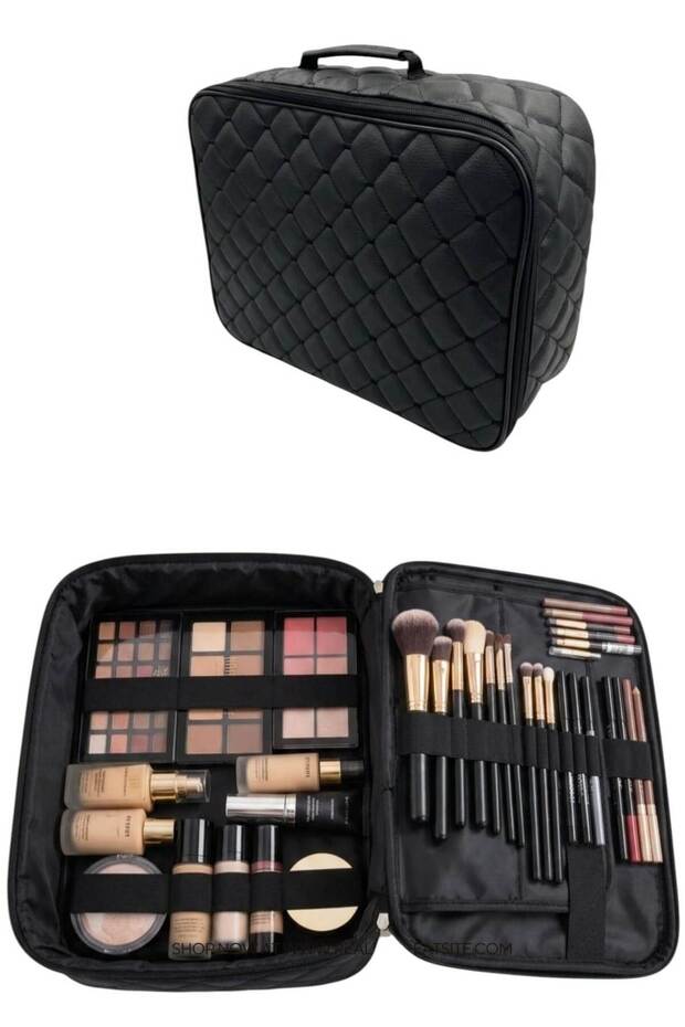 Professional Makeup -Brush- Cosmetics Material Bag Large Capacity Leather Quilted Layered Makeup Bag