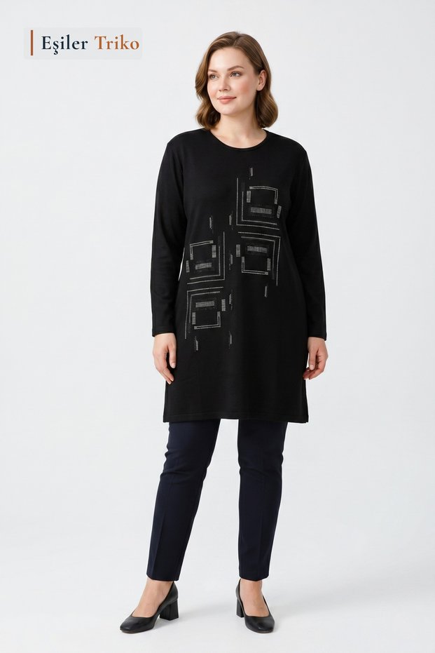 Women's Black Geometric Patterned Stoned, Crew Neck, Tunic