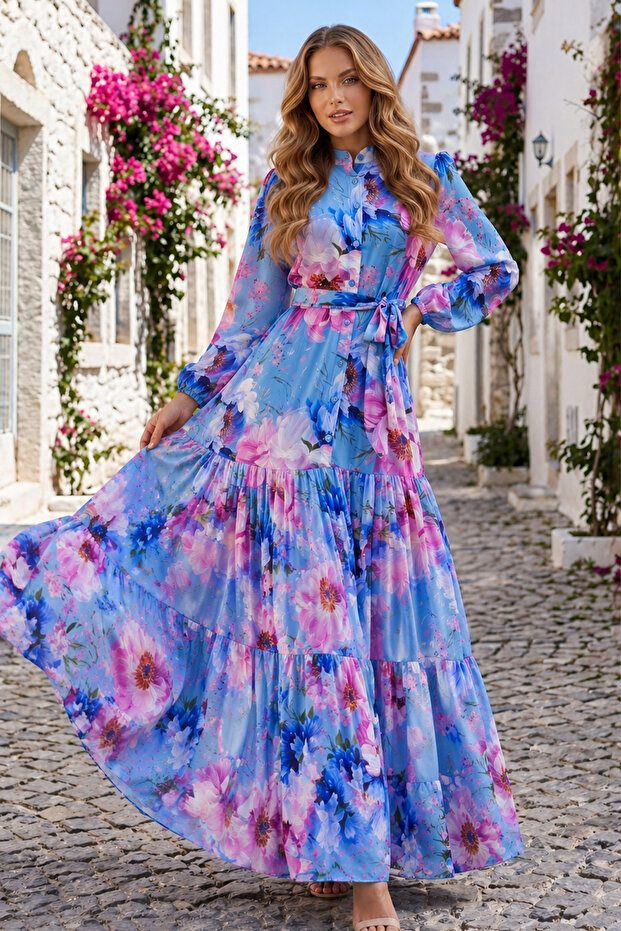 Patterned Hijab Jessica Dress B605 Blue