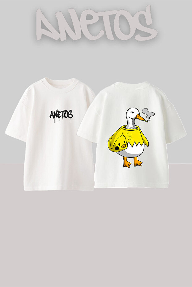 تي شيرت أبيض كبير الحجم من القطن بتصميم Smoking Duck مطبوع على الظهر