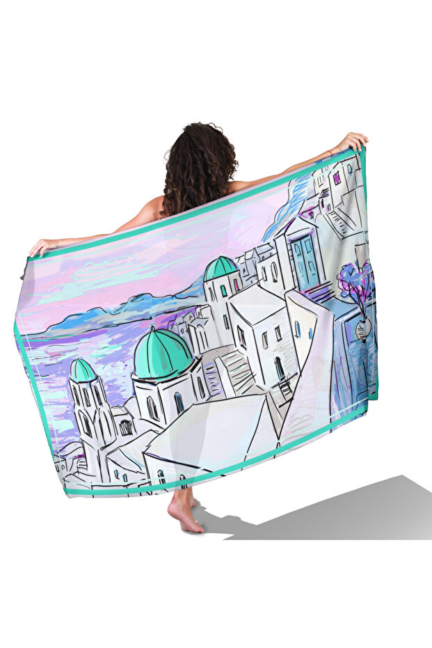 Santorini Dreams Aqua Green Patterned Non-Sheer Satin Pareo