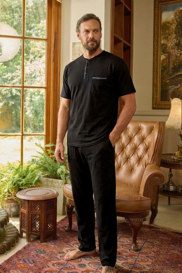 Men's Short Sleeve Cotton Pajama Set 260420 Black01
