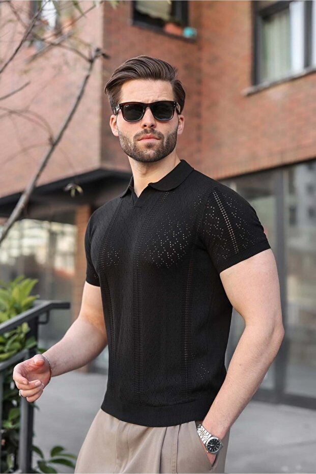 Black Perforated Polo Collar Men's Knitwear T-Shirt E7495