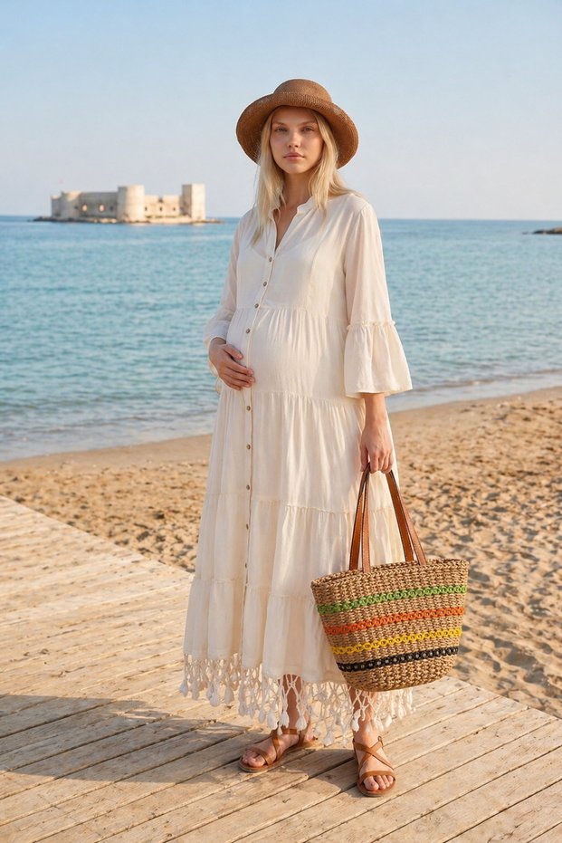 Women's Raw Cotton Maternity Shirt Dress Ecru Bohemian Tassels Long Summer Dress
