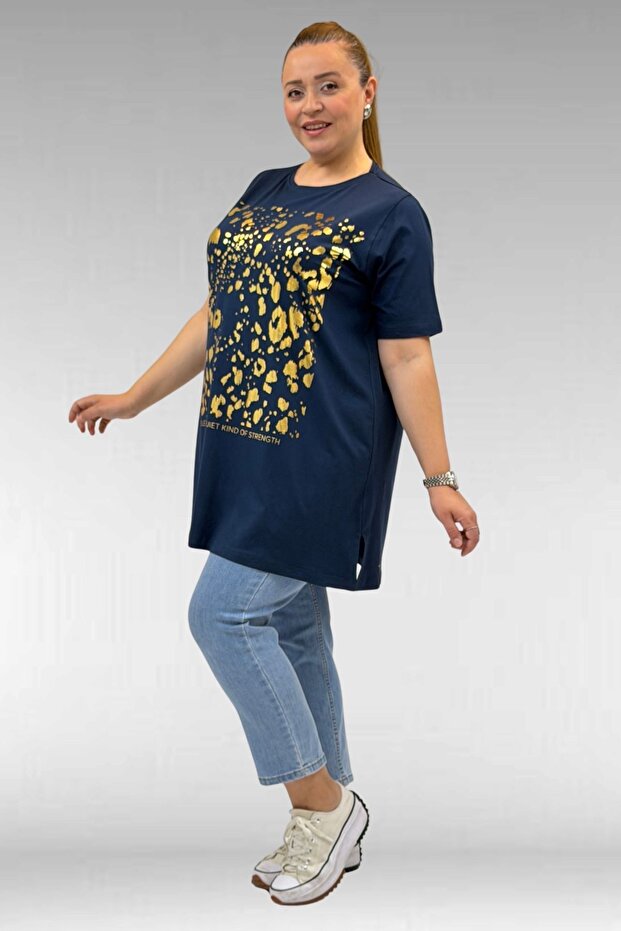 68502 Large Size Combed Cotton T-Shirt with Collar and Printed Front - Petrol