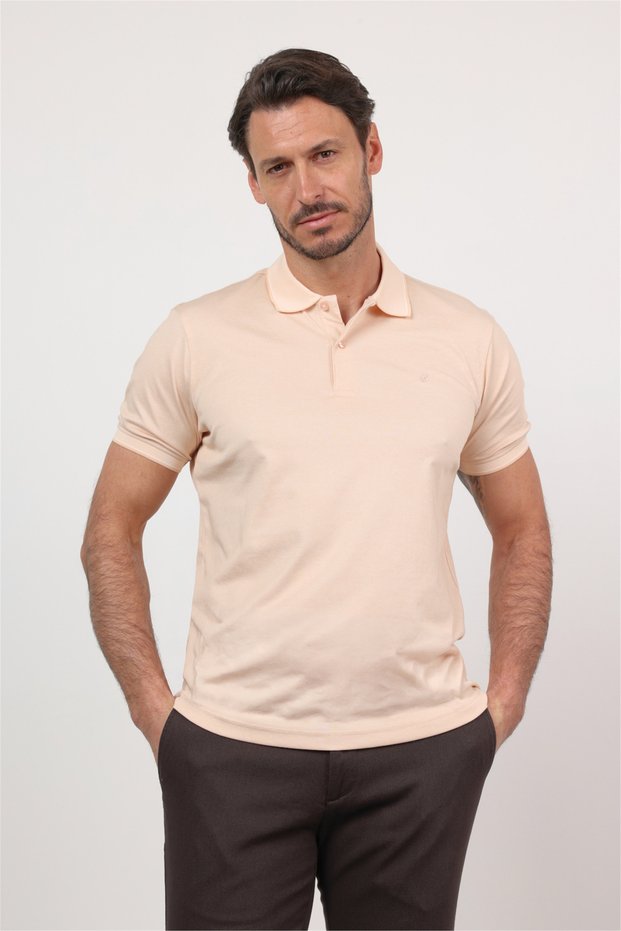 Beige Polo Collar Short Sleeve Pocketless Comfort Fit Cotton T-Shirt 1011260153