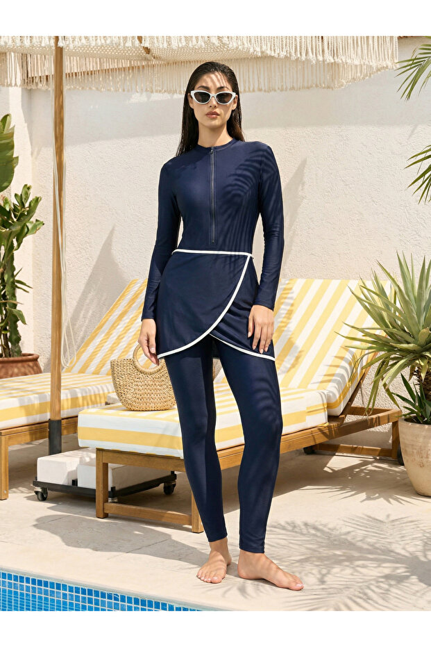 Pack of 3 - Solid Full Sleeve Front Zip Swimsuit, Contrast Edge Wrap Skirt and Leggings Burkini Set