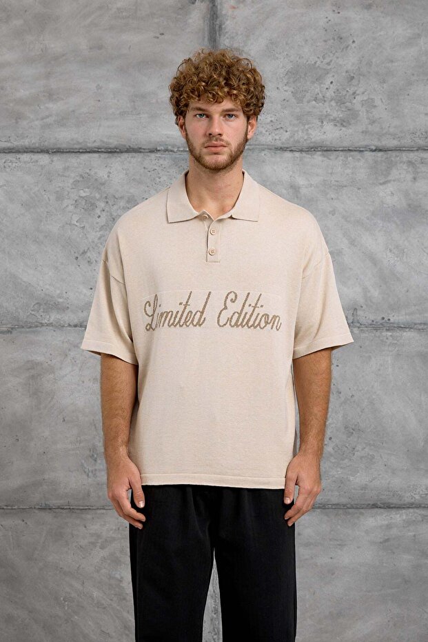 Men's T-Shirt Limited Written Polo Collar Cream Oversize Printed Knitwear