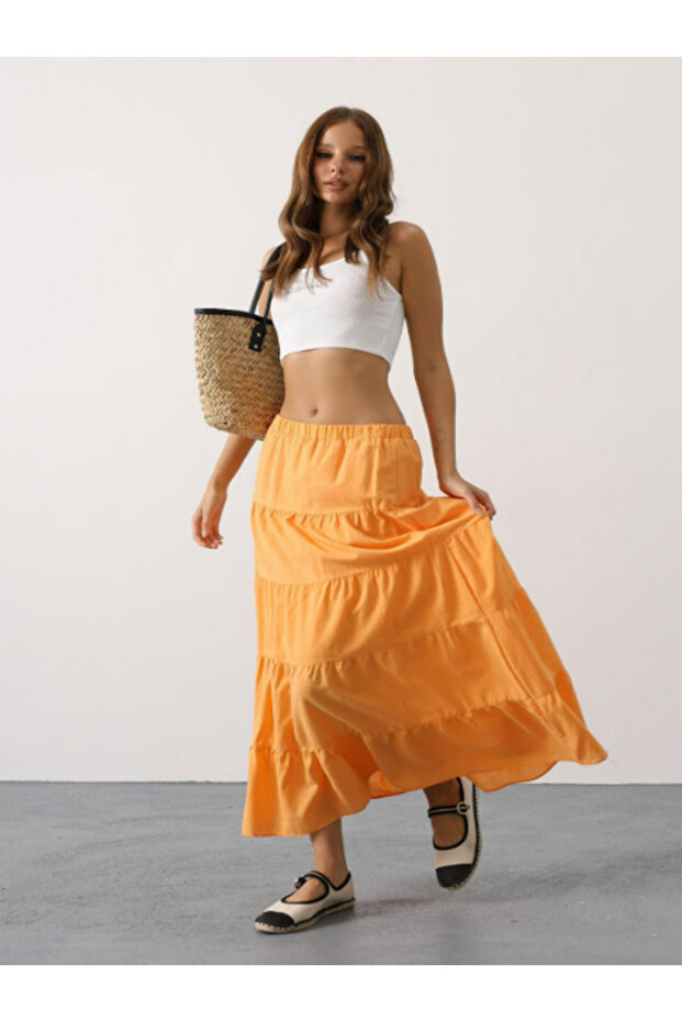 Ruffled Midi Length Linen Skirt with Elastic Waist