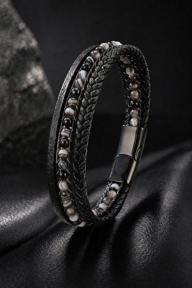 Men's Black Agate Stone Leather Bracelet Multi-Layered Black Weave Design Stylish Bracelet with Steel Clip