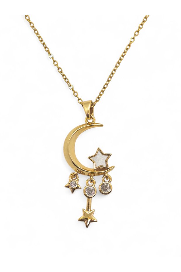 Women's Gold Color Steel Moon Star Crescent Pendant Necklace with Stone Minimal Stylish Necklace