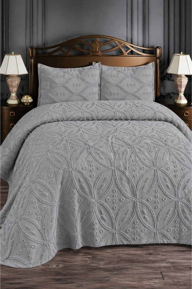 Marina Modern Chenille Jacquard Dowry Set Double King Size Pique Coverlet Set / Bedspread Set 3 Pieces