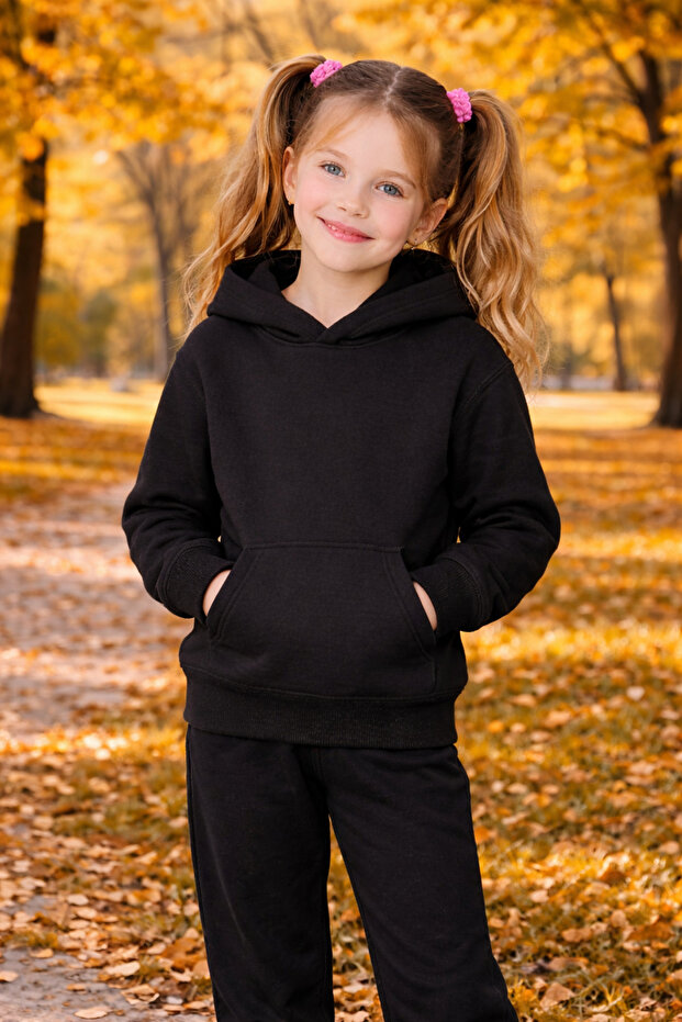 Unisex Children's Black Hooded Sweatshirt with Kangaroo Pocket