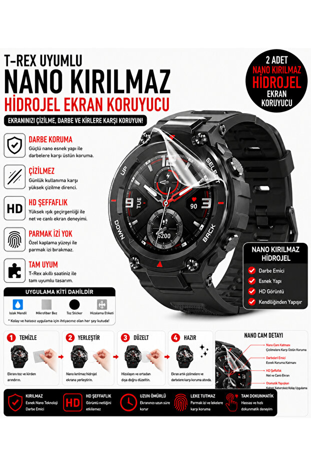 Amazfit T-Rex Compatible Nano Unbreakable Hydrogel Screen Protector 2 Pieces Shock Absorbing Full Protection