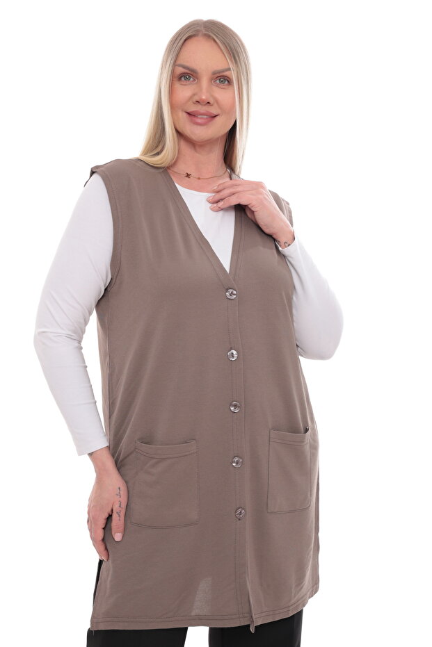 Women's Buttoned Pocketed V-Neck Casual Summer Combed Cotton Mother Long Vest
