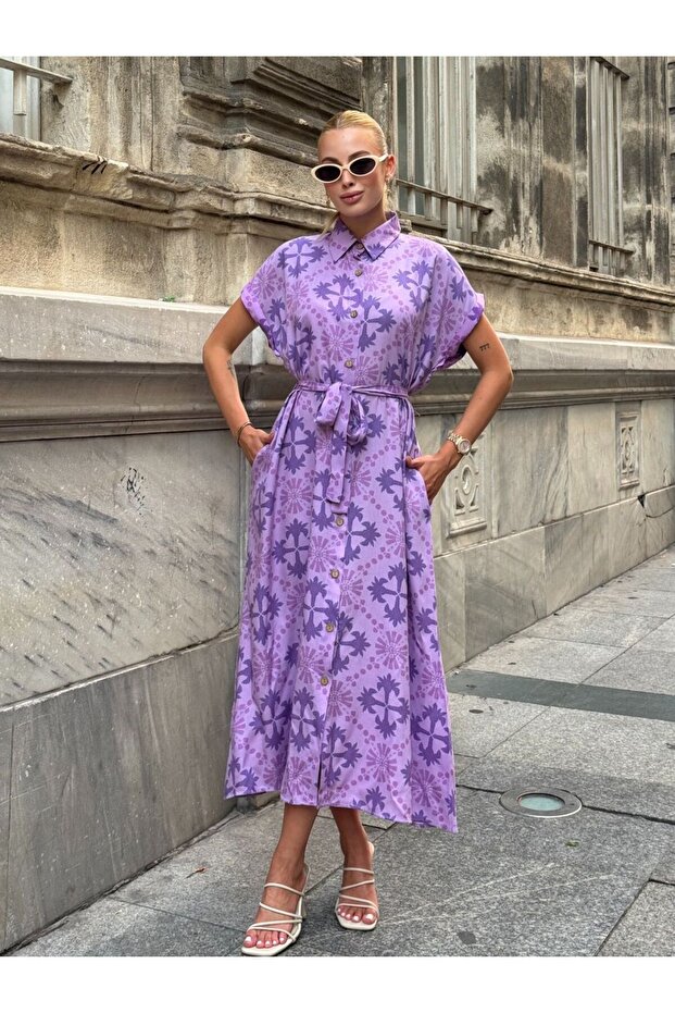 Women's Patterned Belt Detailed Shirt Dress