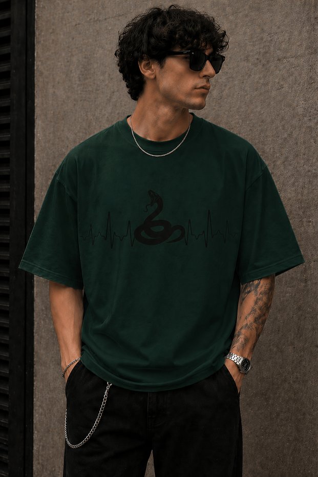 Snake and Pulse Line Print Unisex Oversize T-Shirt – Cotton Crew Neck Casual T-Shirt