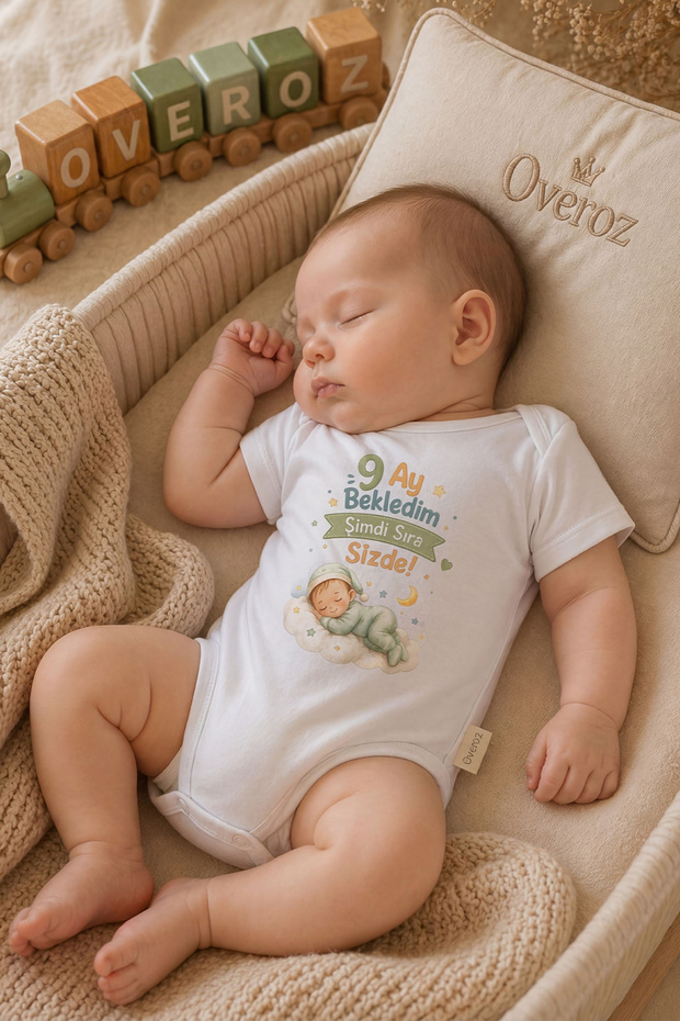 9 Months of Waiting Written Baby Bodysuit for Boys and Girls, White Short Sleeve Snap-On Bodysuit, Baby Gift 5683-9